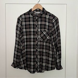 Beach Lunch Lounge Shirt Womens Medium Black White Plaid Long Sleeve Rayon